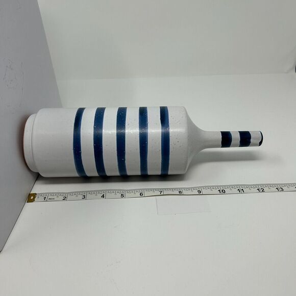 Crate and Barrel Terra Cotta Vase Blue Striped Gray Nautical Decor Hand Painted - Picture 11 of 14